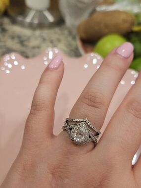Sterling Silver Pear Halo Engagement Ring with Pave Band - Pink